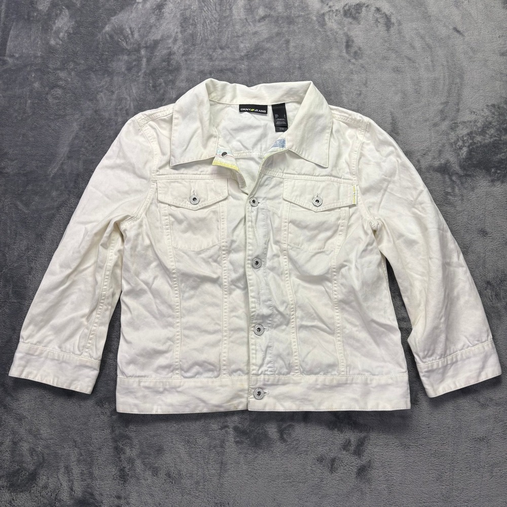 DKNY Jeans White Denim Jacket Womens L Trucker Button Front Cotton‎ Casual